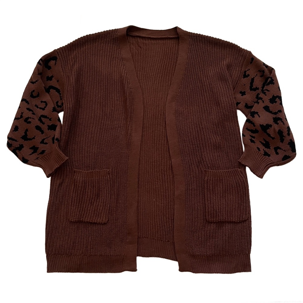 Bloomchic Brown Leopard Print Lantern Sleeve Cardigan Sweater‎ - Picture 2 of 9